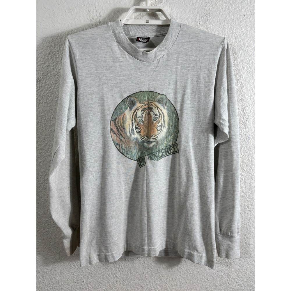 Vintage Endangered Tiger Graphic T-Shirt Size M Gray Single‎ Stitch 90s *Flaws